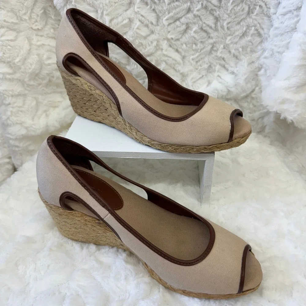 Chaps Open Toe Espadrille Wedge Heel Shoes Tan Canvas Brown Trim Casual